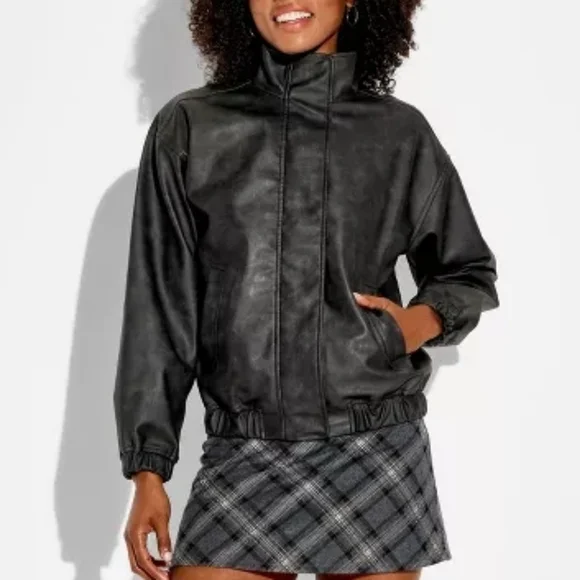 NWT WILD FABLE Womens Bomber Jacket Faux Leather Black Wash XXL - Picture 2 of 5